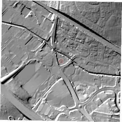 Shaded relief map of the ground around NN156XE, computed from Environment Agency LiDAR. The ground here sits at about 58 m above sea level and falls 21 m across the surrounding 800 m. Surface water reaching this point runs off ground lying to the south, 17.2 m higher.
