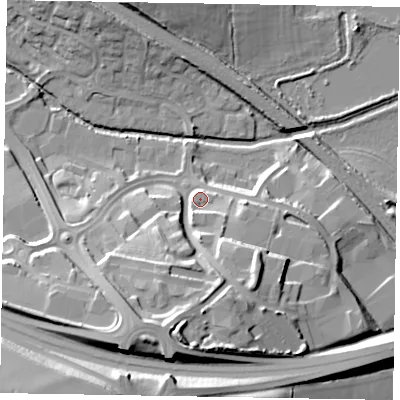 Shaded relief map of the ground around NN156XR, computed from Environment Agency LiDAR. The ground here sits at about 62 m above sea level and falls 29 m across the surrounding 800 m. Surface water reaching this point runs off ground lying to the south-south-west, 21.1 m higher.