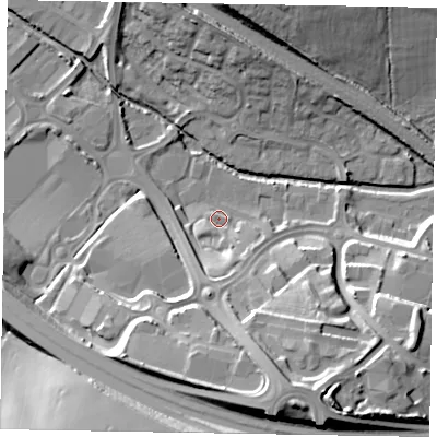 Shaded relief map of the ground around NN156XY, computed from Environment Agency LiDAR. The ground here sits at about 59 m above sea level and falls 27 m across the surrounding 800 m. Surface water reaching this point runs off ground lying to the south, 10.7 m higher.