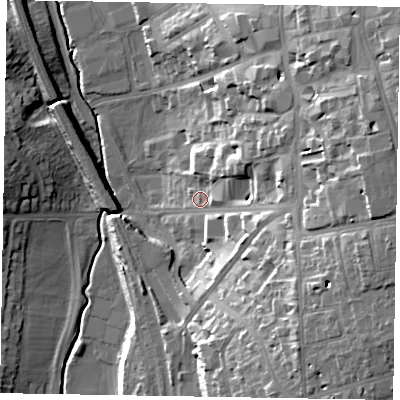 Shaded relief map of the ground around NN157JU, computed from Environment Agency LiDAR. The ground here sits at about 72 m above sea level and falls 32 m across the surrounding 800 m. Surface water reaching this point runs off ground lying to the east-north-east, 23.3 m higher.