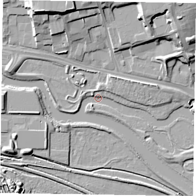 Shaded relief map of the ground around NN15FY, computed from Environment Agency LiDAR. The ground here sits at about 56 m above sea level and falls 19 m across the surrounding 800 m. Surface water reaching this point runs off ground lying to the north-east, 4.5 m higher.