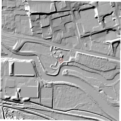 Shaded relief map of the ground around NN15GB, computed from Environment Agency LiDAR. The ground here sits at about 57 m above sea level and falls 19 m across the surrounding 800 m. Surface water reaching this point runs off ground lying to the north-east, 17.0 m higher.