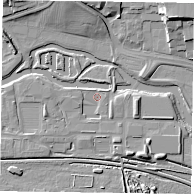 Shaded relief map of the ground around NN15GE, computed from Environment Agency LiDAR. The ground here sits at about 58 m above sea level and falls 18 m across the surrounding 800 m. Surface water reaching this point runs off ground lying to the east, 5.4 m higher.