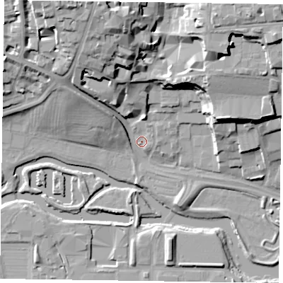 Shaded relief map of the ground around NN15NG, computed from Environment Agency LiDAR. The ground here sits at about 59 m above sea level and falls 25 m across the surrounding 800 m. Surface water reaching this point runs off ground lying to the north-north-west, 22.9 m higher.