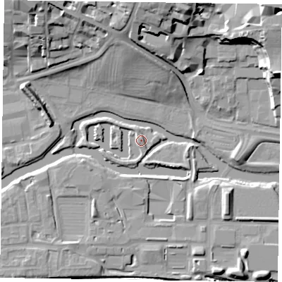 Shaded relief map of the ground around NN15NL, computed from Environment Agency LiDAR. The ground here sits at about 58 m above sea level and falls 23 m across the surrounding 800 m. Surface water reaching this point runs off ground lying to the south-west, 1.5 m higher.