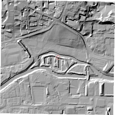 Shaded relief map of the ground around NN15NN, computed from Environment Agency LiDAR. The ground here sits at about 58 m above sea level and falls 21 m across the surrounding 800 m. Surface water reaching this point runs off ground lying to the north, 15.7 m higher.