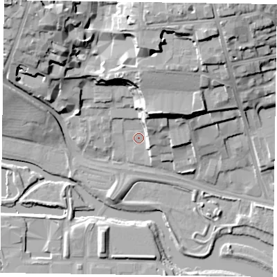 Shaded relief map of the ground around NN15NS, computed from Environment Agency LiDAR. The ground here sits at about 59 m above sea level and falls 25 m across the surrounding 800 m. Surface water reaching this point runs off ground lying to the north-east, 7.6 m higher.