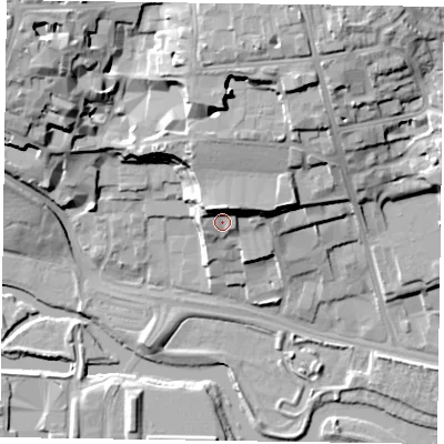 Shaded relief map of the ground around NN15NT, computed from Environment Agency LiDAR. The ground here sits at about 66 m above sea level and falls 26 m across the surrounding 800 m. Surface water reaching this point runs off ground lying to the north-north-east, 8.3 m higher.