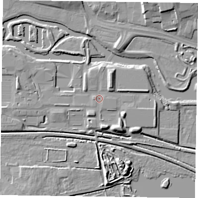 Shaded relief map of the ground around NN15NZ, computed from Environment Agency LiDAR. The ground here sits at about 59 m above sea level and falls 10 m across the surrounding 800 m. Surface water reaching this point runs off ground lying to the north-north-east, 4.0 m higher.