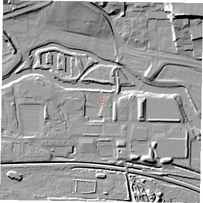Shaded relief map of the ground around NN15PA, computed from Environment Agency LiDAR. The ground here sits at about 58 m above sea level and falls 18 m across the surrounding 800 m. Surface water reaching this point runs off ground lying to the east, 5.4 m higher.