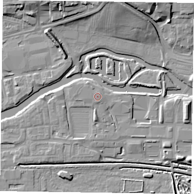Shaded relief map of the ground around NN15PH, computed from Environment Agency LiDAR. The ground here sits at about 60 m above sea level and falls 14 m across the surrounding 800 m. The ground contributing surface water to this point lies to the north-west.