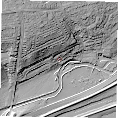 Shaded relief map of the ground around NN15RN, computed from Environment Agency LiDAR. The ground here sits at about 60 m above sea level and falls 35 m across the surrounding 800 m. Surface water reaching this point runs off ground lying to the north-north-west, 13.4 m higher.