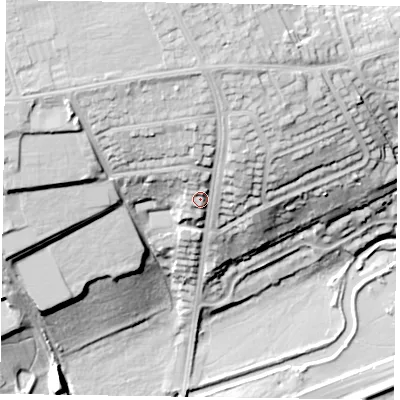 Shaded relief map of the ground around NN15RY, computed from Environment Agency LiDAR. The ground here sits at about 75 m above sea level and falls 36 m across the surrounding 800 m. Surface water reaching this point runs off ground lying to the north-west, 17.6 m higher.