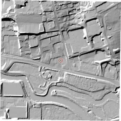 Shaded relief map of the ground around NN15SZ, computed from Environment Agency LiDAR. The ground here sits at about 59 m above sea level and falls 24 m across the surrounding 800 m. Surface water reaching this point runs off ground lying to the north-north-west, 2.4 m higher.