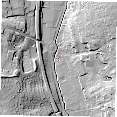 Shaded relief map of the ground around NN168AB, computed from Environment Agency LiDAR. The ground here sits at about 68 m above sea level and falls 30 m across the surrounding 800 m. Surface water reaching this point runs off ground lying to the north-east, 22.5 m higher.