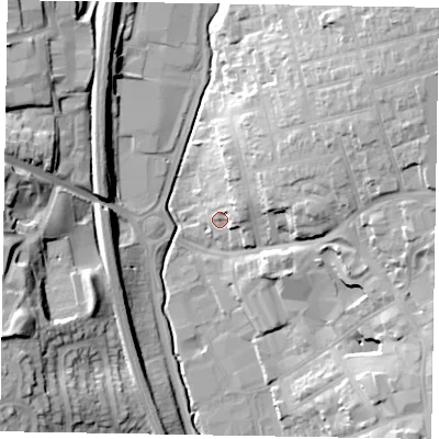 Shaded relief map of the ground around NN168EA, computed from Environment Agency LiDAR. The ground here sits at about 72 m above sea level and falls 29 m across the surrounding 800 m. Surface water reaching this point runs off ground lying to the east-north-east, 6.9 m higher.