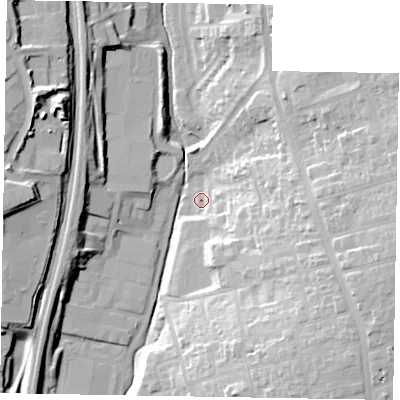 Shaded relief map of the ground around NN169HP, computed from Environment Agency LiDAR. The ground here sits at about 72 m above sea level and falls 29 m across the surrounding 800 m. Surface water reaching this point runs off ground lying to the east-south-east, 11.3 m higher.