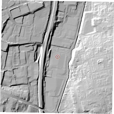 Shaded relief map of the ground around NN169XW, computed from Environment Agency LiDAR. The ground here sits at about 71 m above sea level and falls 32 m across the surrounding 800 m. The ground contributing surface water to this point lies to the south-west.