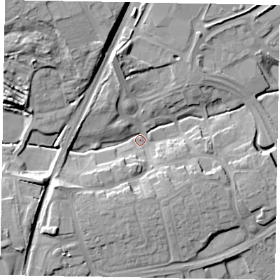 Shaded relief map of the ground around NN171AB, computed from Environment Agency LiDAR. The ground here sits at about 100 m above sea level and falls 18 m across the surrounding 800 m. Surface water reaching this point runs off ground lying to the south-west, 15.2 m higher.