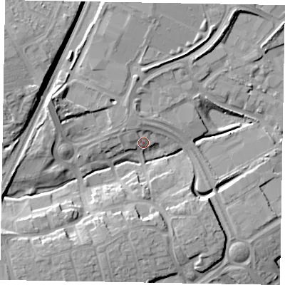 Shaded relief map of the ground around NN171AR, computed from Environment Agency LiDAR. The ground here sits at about 101 m above sea level and falls 18 m across the surrounding 800 m. Surface water reaching this point runs off ground lying to the west-north-west, 11.6 m higher.