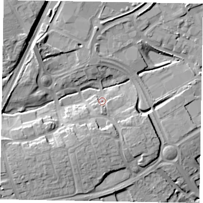 Shaded relief map of the ground around NN171AT, computed from Environment Agency LiDAR. The ground here sits at about 101 m above sea level and falls 21 m across the surrounding 800 m. Surface water reaching this point runs off ground lying to the south, 3.9 m higher.