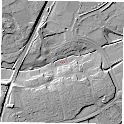 Shaded relief map of the ground around NN171AX, computed from Environment Agency LiDAR. The ground here sits at about 100 m above sea level and falls 18 m across the surrounding 800 m. Surface water reaching this point runs off ground lying to the south-west, 14.5 m higher.