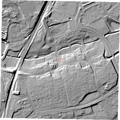 Shaded relief map of the ground around NN171AY, computed from Environment Agency LiDAR. The ground here sits at about 101 m above sea level and falls 20 m across the surrounding 800 m. Surface water reaching this point runs off ground lying to the south-west, 11.9 m higher.