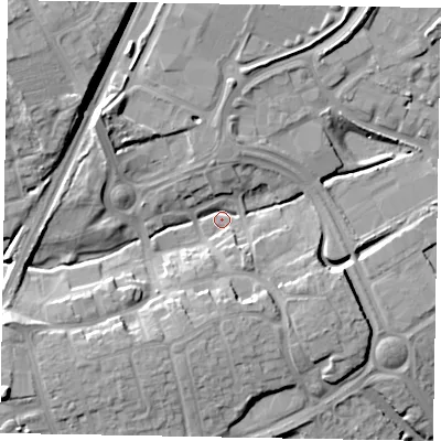 Shaded relief map of the ground around NN171BE, computed from Environment Agency LiDAR. The ground here sits at about 99 m above sea level and falls 20 m across the surrounding 800 m. Surface water reaching this point runs off ground lying to the south-west, 14.0 m higher.