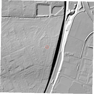 Shaded relief map of the ground around NN171DE, computed from Environment Agency LiDAR. The ground here sits at about 113 m above sea level and falls 18 m across the surrounding 800 m. Surface water reaching this point runs off ground lying to the south-west, 1.9 m higher.