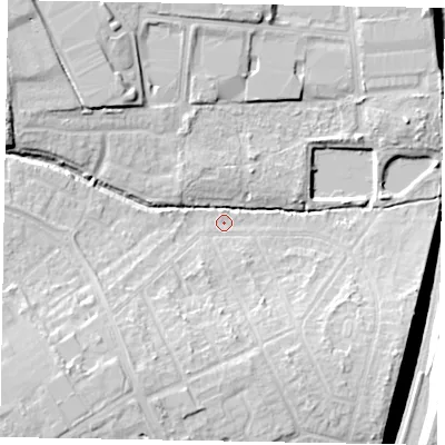 Shaded relief map of the ground around NN171DG, computed from Environment Agency LiDAR. The ground here sits at about 107 m above sea level and falls 19 m across the surrounding 800 m. Surface water reaching this point runs off ground lying to the south-west, 12.4 m higher.