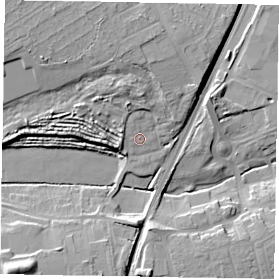 Shaded relief map of the ground around NN171EX, computed from Environment Agency LiDAR. The ground here sits at about 107 m above sea level and falls 20 m across the surrounding 800 m. Surface water reaching this point runs off ground lying to the north-west, 10.9 m higher.
