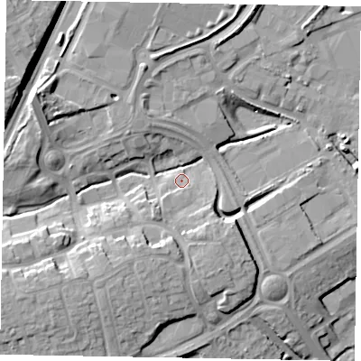 Shaded relief map of the ground around NN171FS, computed from Environment Agency LiDAR. The ground here sits at about 99 m above sea level and falls 20 m across the surrounding 800 m. Surface water reaching this point runs off ground lying to the south-south-west, 4.3 m higher.