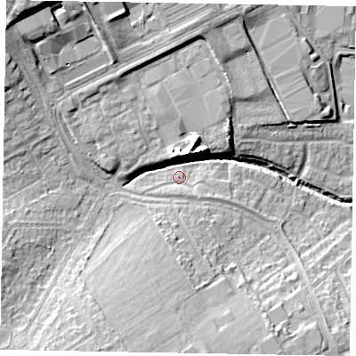 Shaded relief map of the ground around NN171JP, computed from Environment Agency LiDAR. The ground here sits at about 111 m above sea level and falls 19 m across the surrounding 800 m. Surface water reaching this point runs off ground lying to the south-south-east, 1.7 m higher.