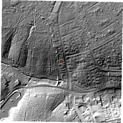 Shaded relief map of the ground around NN171LH, computed from Environment Agency LiDAR. The ground here sits at about 114 m above sea level and falls 17 m across the surrounding 800 m. Surface water reaching this point runs off ground lying to the north-north-west, 9.3 m higher.