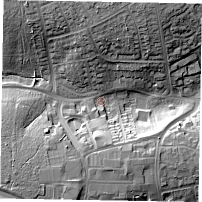 Shaded relief map of the ground around NN171LY, computed from Environment Agency LiDAR. The ground here sits at about 107 m above sea level and falls 16 m across the surrounding 800 m. Surface water reaching this point runs off ground lying to the north-west, 14.1 m higher.