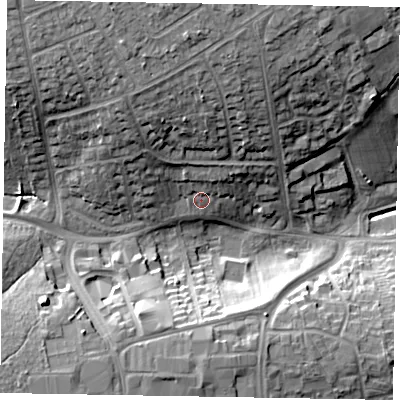 Shaded relief map of the ground around NN171SY, computed from Environment Agency LiDAR. The ground here sits at about 110 m above sea level and falls 19 m across the surrounding 800 m. Surface water reaching this point runs off ground lying to the north, 4.1 m higher.