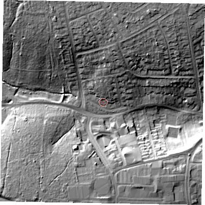 Shaded relief map of the ground around NN171TQ, computed from Environment Agency LiDAR. The ground here sits at about 109 m above sea level and falls 16 m across the surrounding 800 m. Surface water reaching this point runs off ground lying to the north-west, 13.8 m higher.