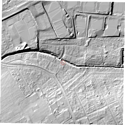 Shaded relief map of the ground around NN171XP, computed from Environment Agency LiDAR. The ground here sits at about 109 m above sea level and falls 15 m across the surrounding 800 m. Surface water reaching this point runs off ground lying to the west-north-west, 12.1 m higher.