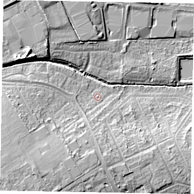Shaded relief map of the ground around NN171XR, computed from Environment Agency LiDAR. The ground here sits at about 109 m above sea level and falls 16 m across the surrounding 800 m. Surface water reaching this point runs off ground lying to the south-south-west, 3.8 m higher.