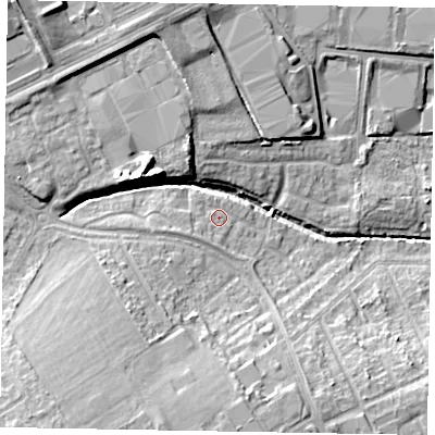 Shaded relief map of the ground around NN171YL, computed from Environment Agency LiDAR. The ground here sits at about 110 m above sea level and falls 16 m across the surrounding 800 m. Surface water reaching this point runs off ground lying to the west-south-west, 2.2 m higher.