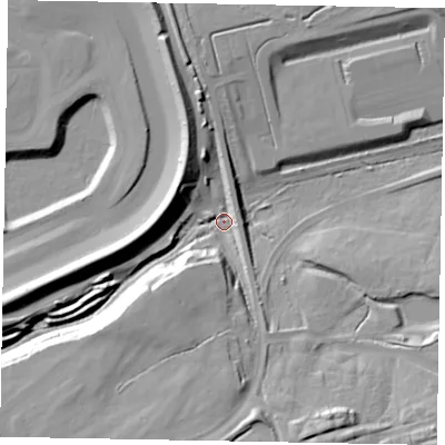 Shaded relief map of the ground around NN173AS, computed from Environment Agency LiDAR. The ground here sits at about 89 m above sea level and falls 20 m across the surrounding 800 m. Surface water reaching this point runs off ground lying to the south-west, 16.9 m higher.