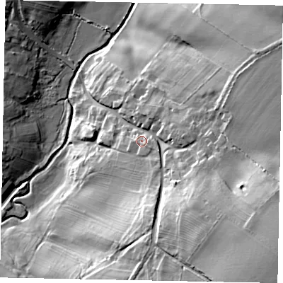 Shaded relief map of the ground around NN173DY, computed from Environment Agency LiDAR. The ground here sits at about 72 m above sea level and falls 44 m across the surrounding 800 m. Surface water reaching this point runs off ground lying to the south-east, 1.9 m higher.