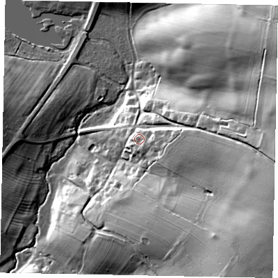 Shaded relief map of the ground around NN173EP, computed from Environment Agency LiDAR. The ground here sits at about 78 m above sea level and falls 36 m across the surrounding 800 m. Surface water reaching this point runs off ground lying to the east, 6.7 m higher.