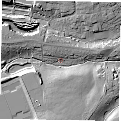 Shaded relief map of the ground around NN173HF, computed from Environment Agency LiDAR. The ground here sits at about 83 m above sea level and falls 17 m across the surrounding 800 m. Surface water reaching this point runs off ground lying to the north-north-west, 6.1 m higher.