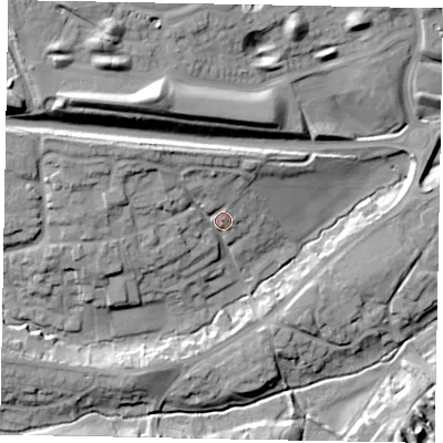 Shaded relief map of the ground around NN173HR, computed from Environment Agency LiDAR. The ground here sits at about 86 m above sea level and falls 25 m across the surrounding 800 m. Surface water reaching this point runs off ground lying to the north-west, 10.6 m higher.