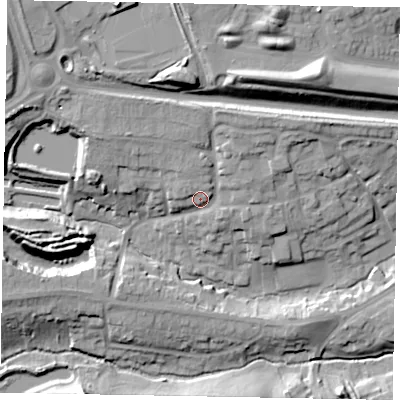 Shaded relief map of the ground around NN173HW, computed from Environment Agency LiDAR. The ground here sits at about 89 m above sea level and falls 24 m across the surrounding 800 m. Surface water reaching this point runs off ground lying to the north-north-east, 8.2 m higher.