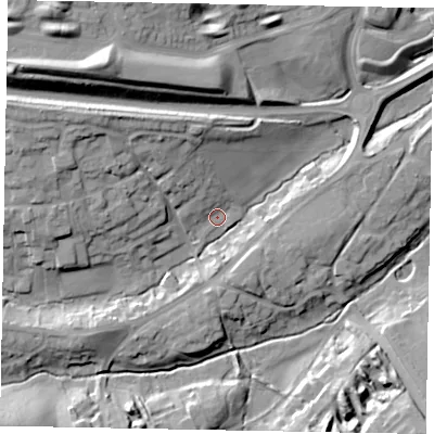 Shaded relief map of the ground around NN173JA, computed from Environment Agency LiDAR. The ground here sits at about 80 m above sea level and falls 26 m across the surrounding 800 m. Surface water reaching this point runs off ground lying to the north-west, 16.8 m higher.