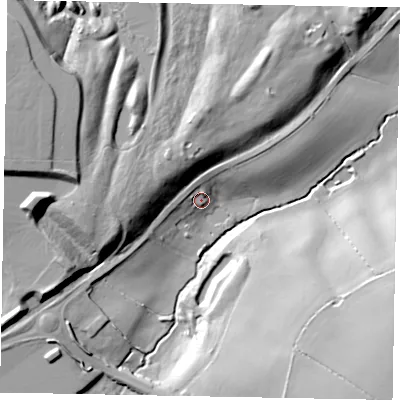 Shaded relief map of the ground around NN173JE, computed from Environment Agency LiDAR. The ground here sits at about 76 m above sea level and falls 28 m across the surrounding 800 m. Surface water reaching this point runs off ground lying to the north-north-west, 5.8 m higher.