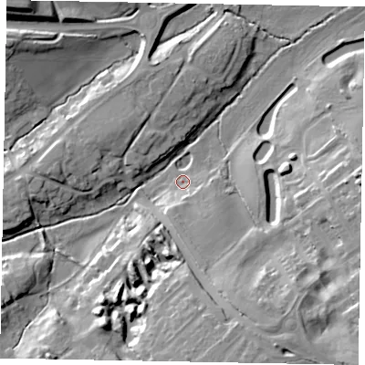 Shaded relief map of the ground around NN173JS, computed from Environment Agency LiDAR. The ground here sits at about 79 m above sea level and falls 22 m across the surrounding 800 m. Surface water reaching this point runs off ground lying to the south-south-east, 9.2 m higher.