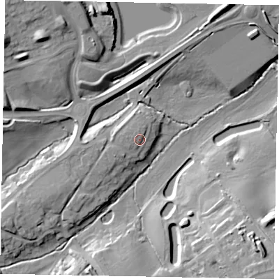 Shaded relief map of the ground around NN173JW, computed from Environment Agency LiDAR. The ground here sits at about 82 m above sea level and falls 22 m across the surrounding 800 m. Surface water reaching this point runs off ground lying to the west, 2.4 m higher.